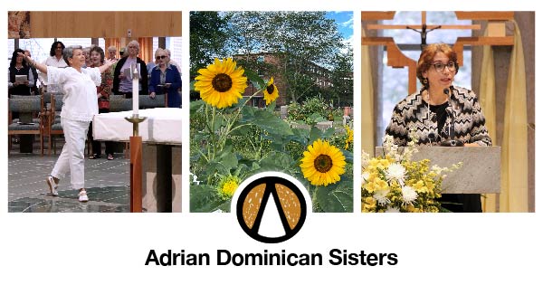 A collection of three photos. On the far left is a woman dressed in white at mass, in the middle are several sunflowers growing in front of a brick building, and on the far right is a woman speaking at a pulpit.