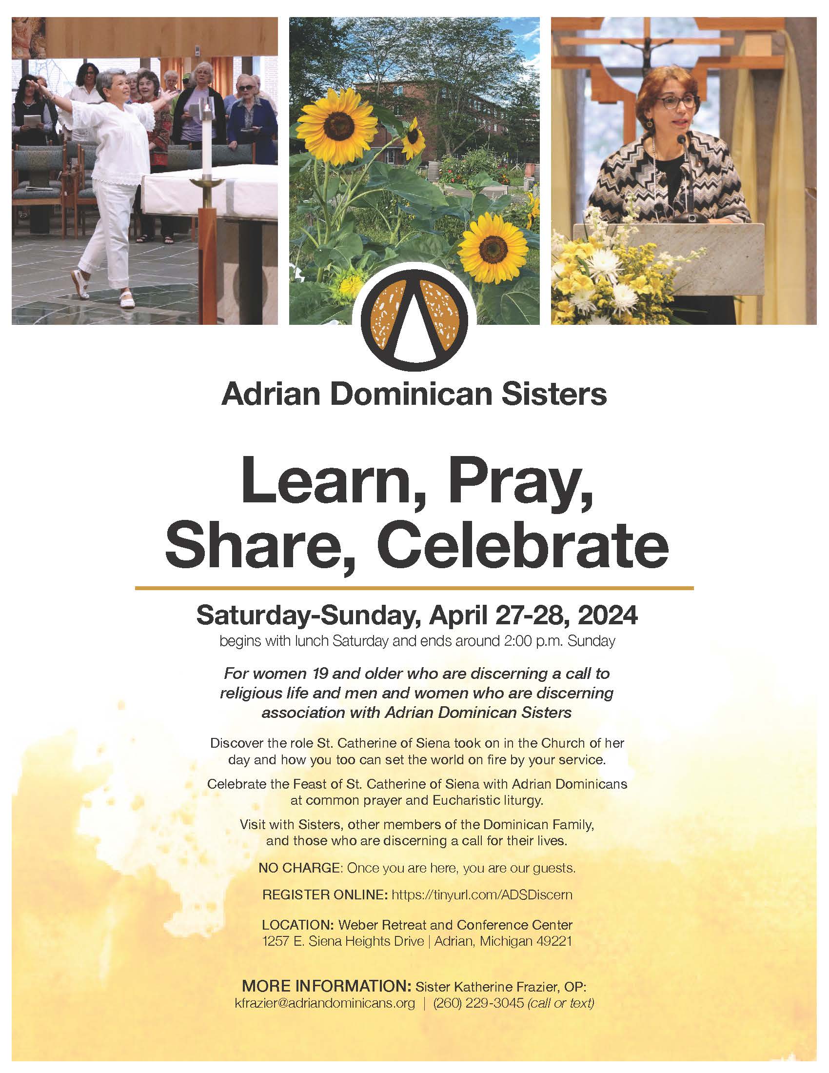 Learn, Pray, Share, Celebrate flyer for April 27-28, 2024
