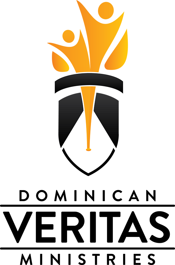 Dominican Veritas Logo with black and white shield and orange flame