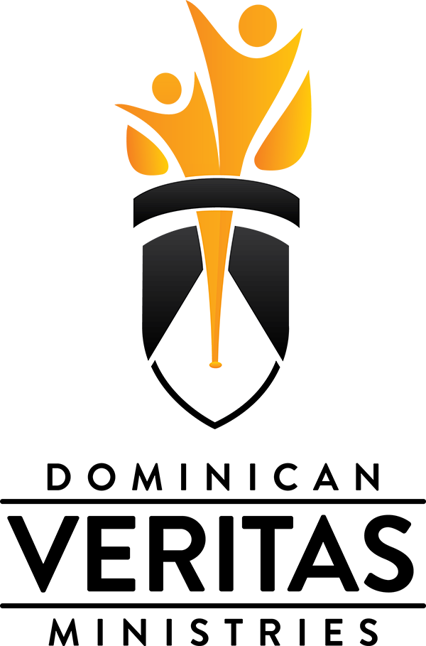 Dominican Veritas Logo with black and white shield and orange flame Dominican Veritas Logo with black and white shield and orange flame