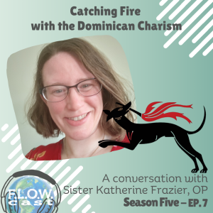 FLOWcast logo plus woman with brown hair and glasses and an image of a dog holding a torch